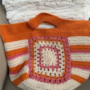 Anthropologie Orange and Pink Crochet Tote Bag